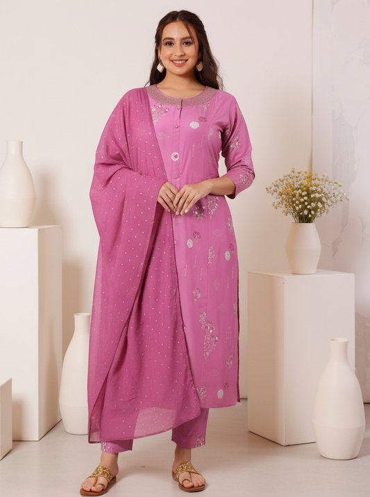 Embroidered Roman silk Floral Flared Purple Kurta