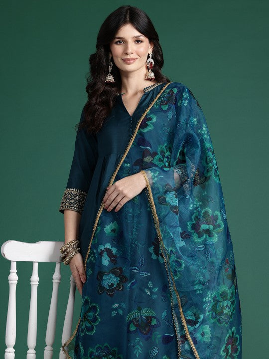 Panelled Sequinned Kurta with Trousers & Dupatta