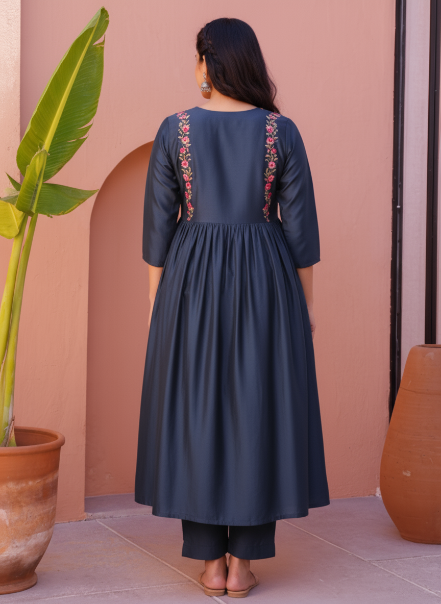 Embroidered Silk Crepe Solid Flared Blue Kurta
