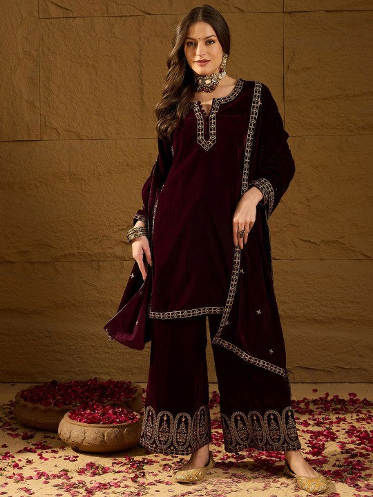 House of Pataudi Yoke Design Notch Neck Velvet Kurta