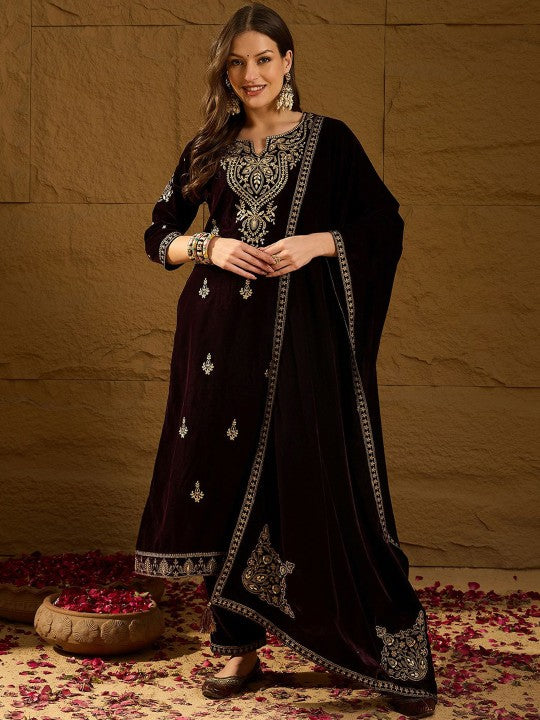 House of Pataudi Floral Embroidered Velvet Straight Kurta