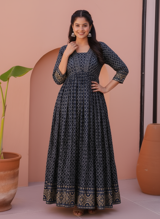 Viscose Gold foil Anarkali Blue Dress