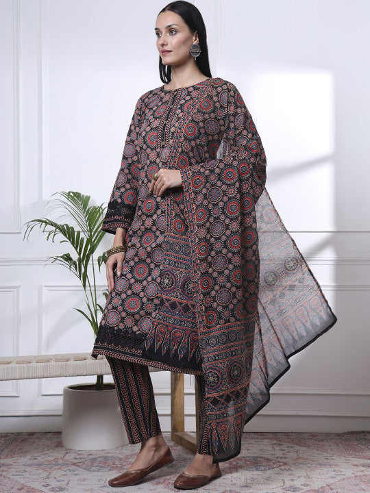 Yufta Women Ethnic Motifs Printed Regular Pure Cotton Kurta with Trousers & With Dupatta