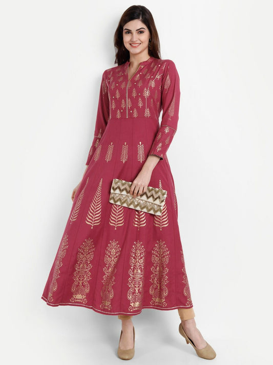 Women Rayon Flex Printed Long Dress Maroon