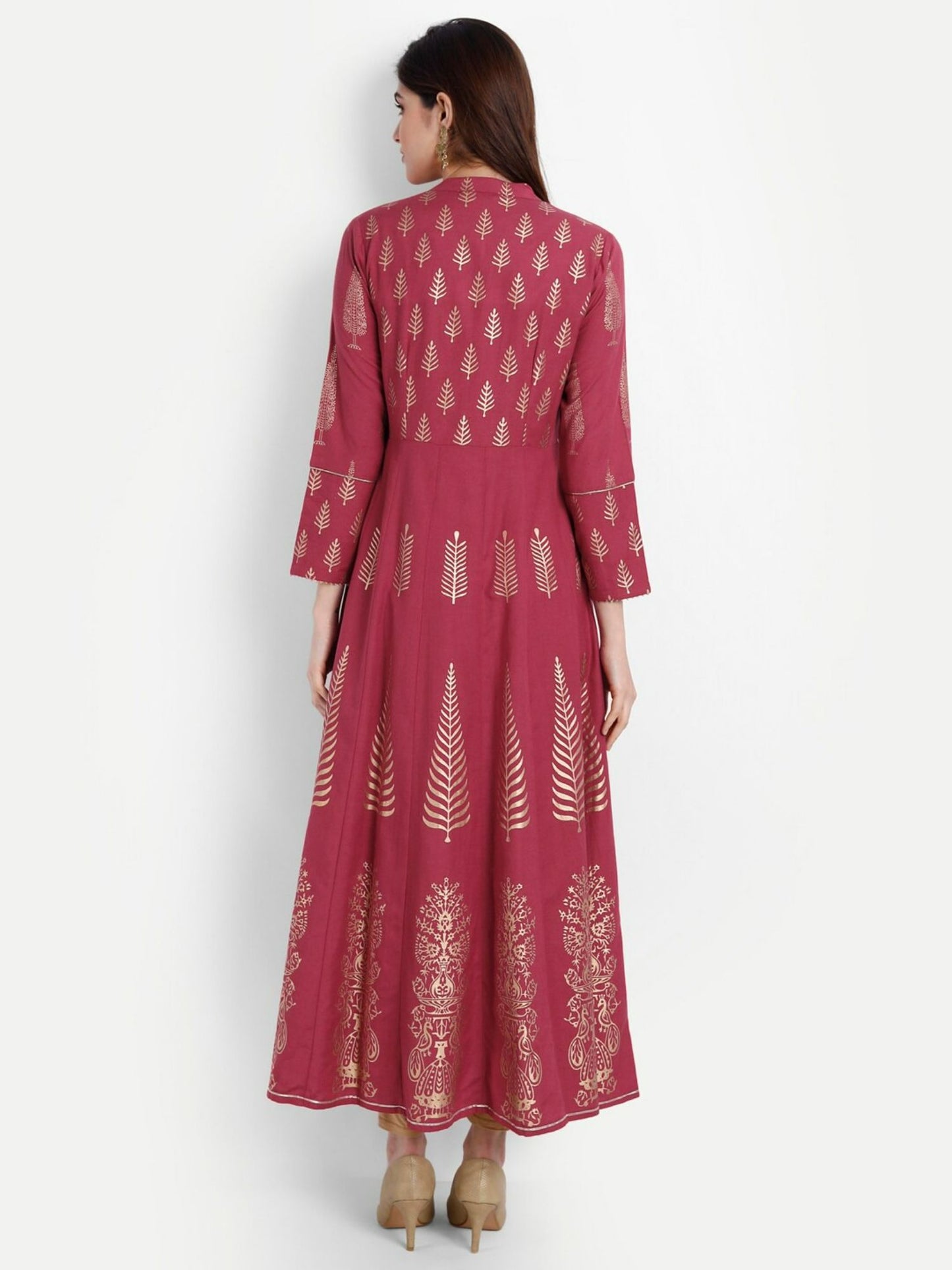Women Rayon Flex Printed Long Dress Maroon
