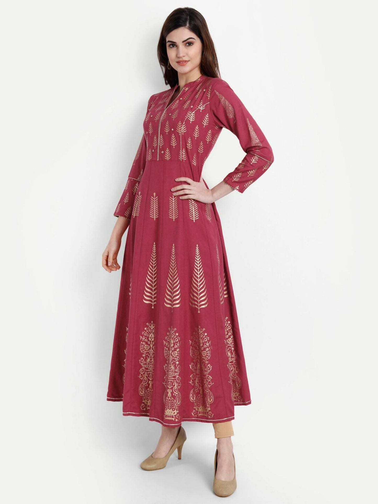 Women Rayon Flex Printed Long Dress Maroon