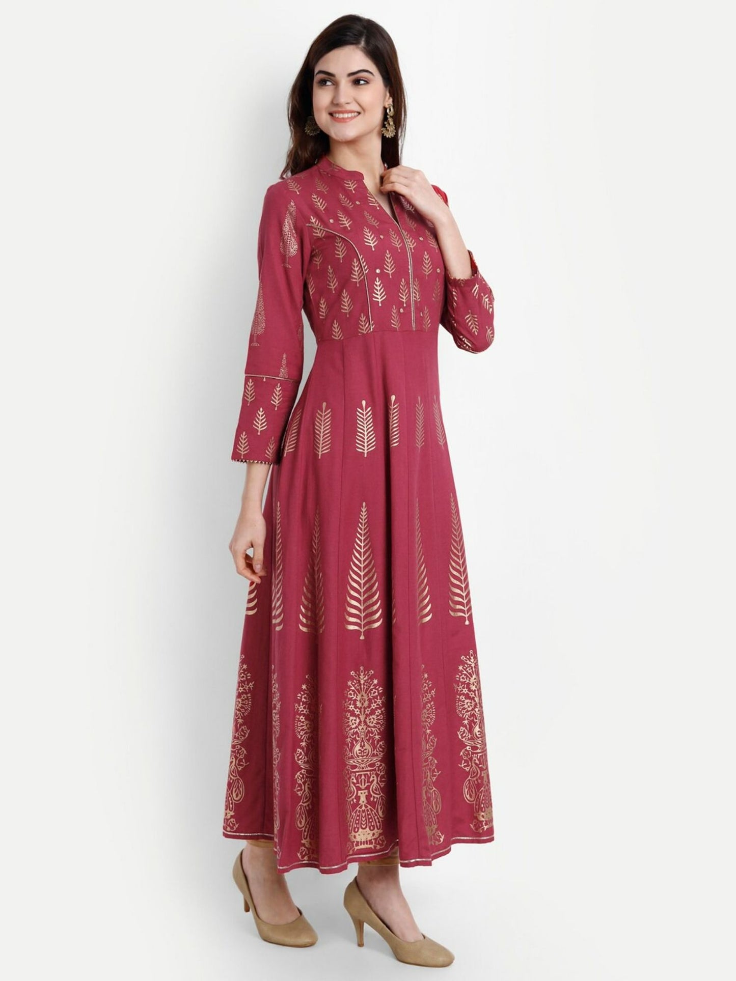 Women Rayon Flex Printed Long Dress Maroon