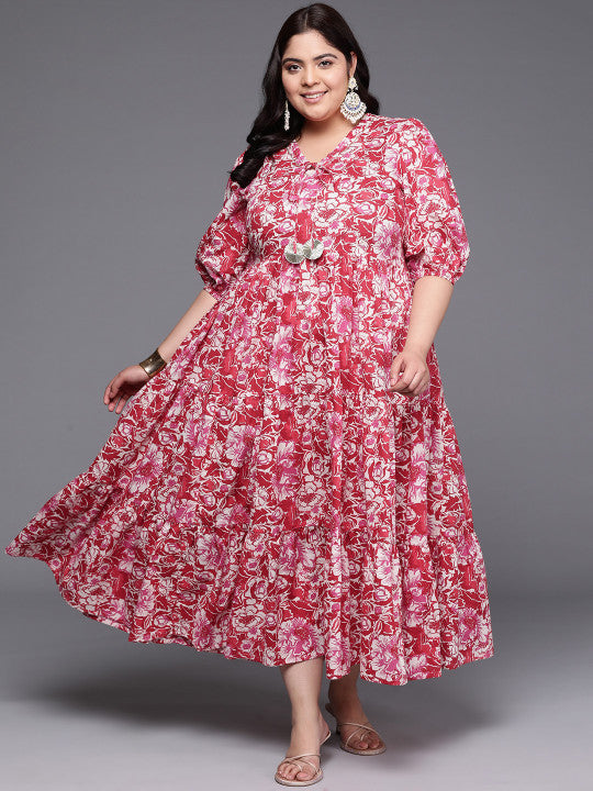 A PLUS BY AHALYAA Plus Size Floral Printed Puff Sleeves Pure Cotton Maxi Ethnic Dress