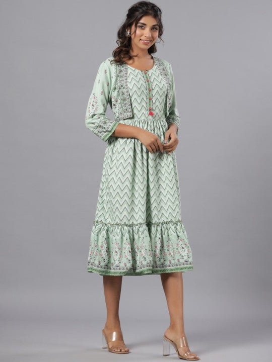 Printed Fit and Flare Midi Ethnic Dresses With Short Jacket