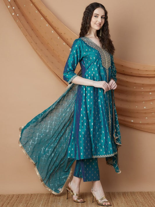 Floral Sequinned V-Neck A-Line Kurta