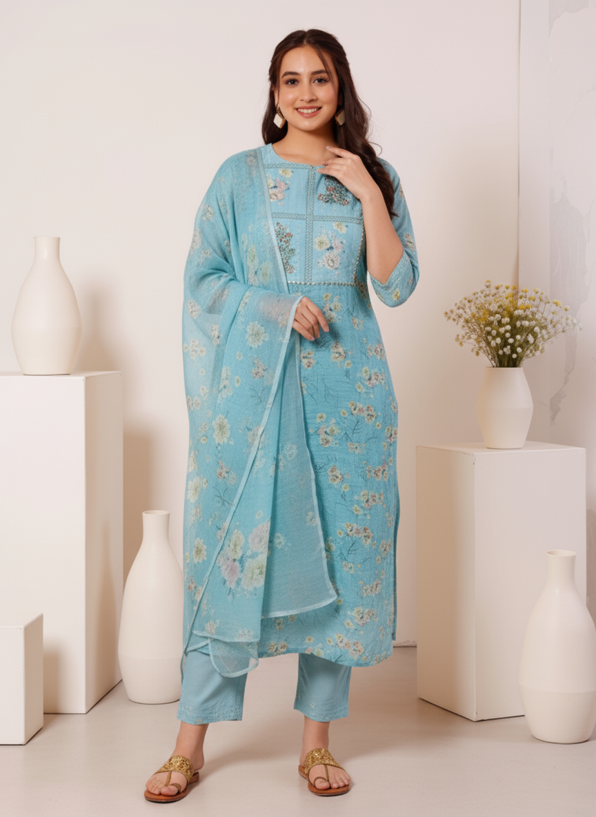 Embroidered Cotton SIlk A-line Kurta