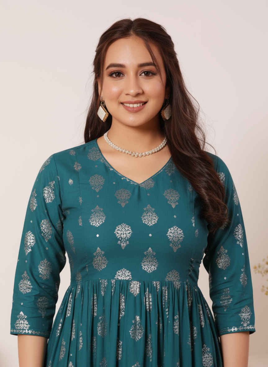 Embroidered Roman silk Gold foil Flared Teal Kurta