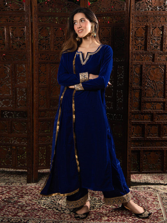 DIMPLE DESIGN STUDIO Floral Embroidered Velvet Straight Kurta With Palazzos & Dupatta