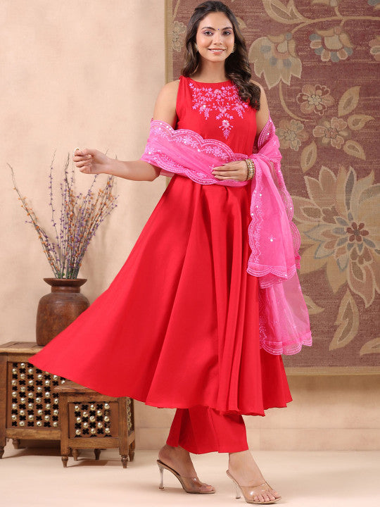 GILLORI Ethnic Motifs Embroidered Empire Art Silk Kurta With Trouser & Dupatta