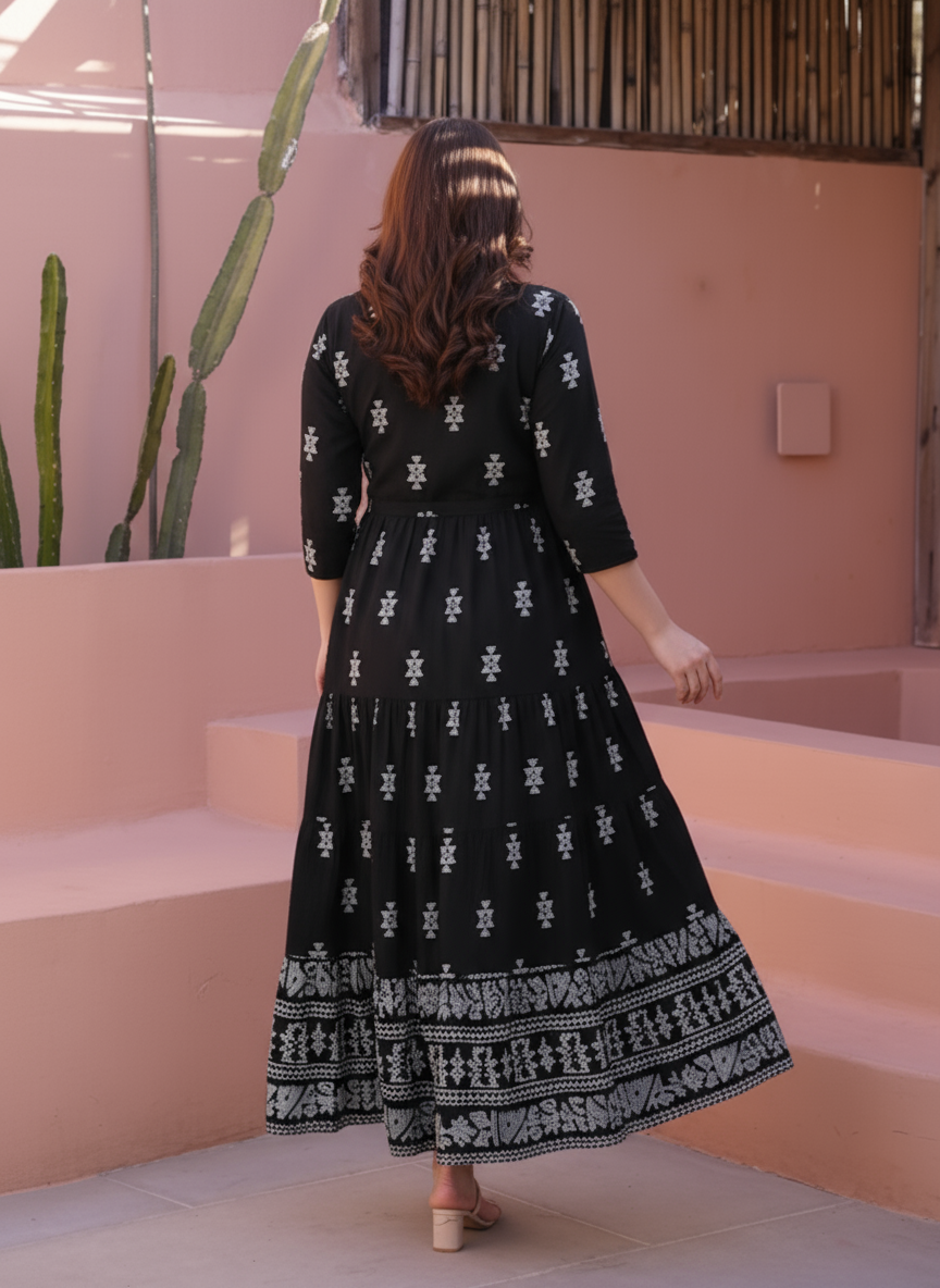 Viscose Floral Anarkali Navy Blue Dress