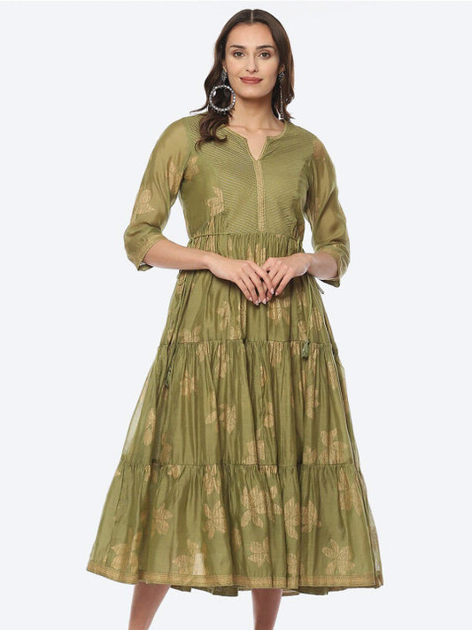 Biba Ethnic Motifs Printed Tiered Cotton A-line Ethnic Dress