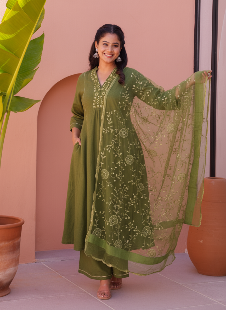 Embroidered Roman silk Flared Kurta