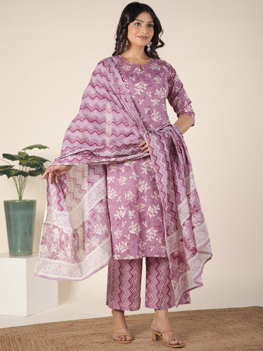 Aramya Women Floral Printed Regular Pure Cotton Kurta with Trousers & With Dupatta