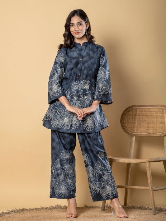 Curved Style Cotton Blend Fabric Grey Co-Ord (Set of 2)