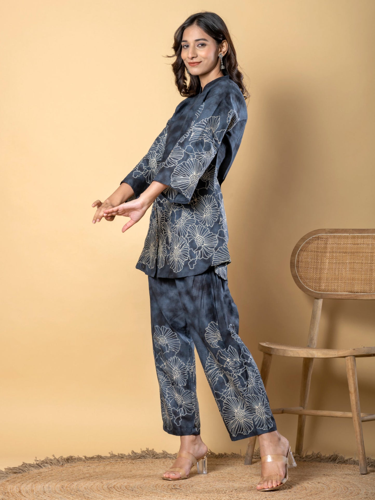 Curved Style Cotton Blend Fabric Grey Co-Ord (Set of 2)