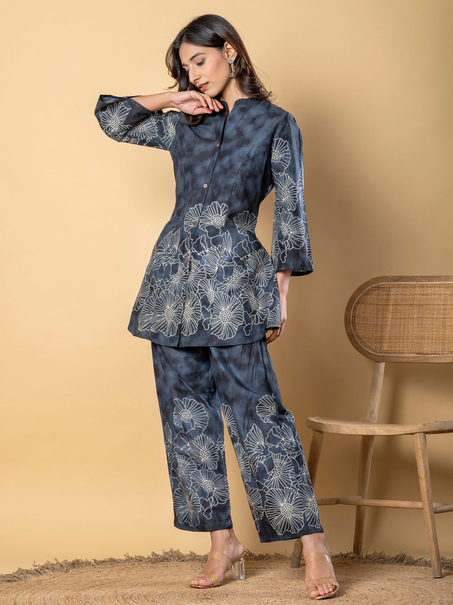 Curved Style Cotton Blend Fabric Grey Co-Ord (Set of 2)