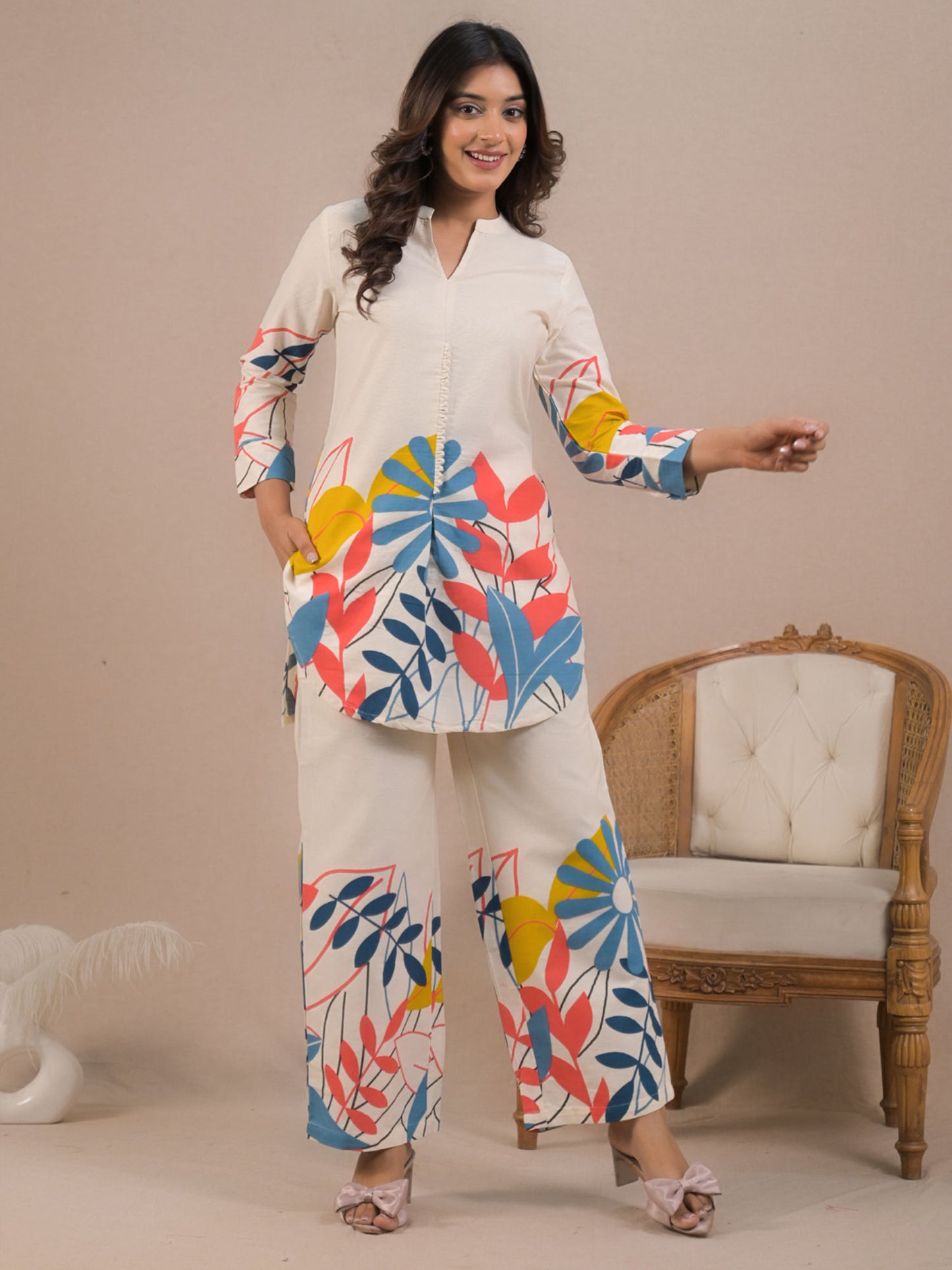 Curved Style Cotton Flex Fabric Off White Co-Ord (Set of 2)