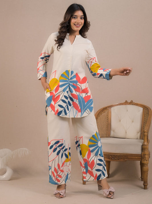 Curved Style Cotton Flex Fabric Off White Co-Ord (Set of 2)