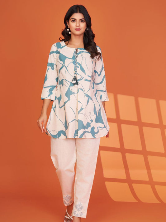 Cream Base Pale Blue Sequin Work Tassel Bottom Embroidered Co-Ord (Set of 2)