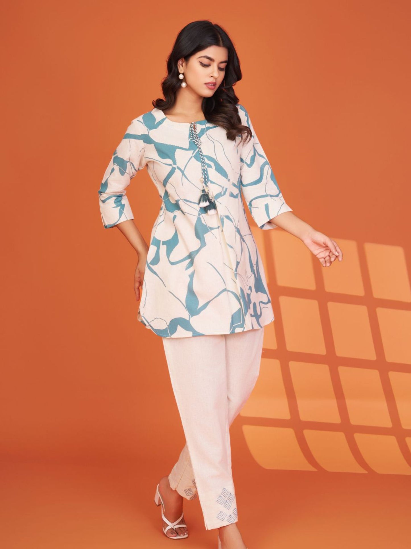 Cream Base Pale Blue Sequin Work Tassel Bottom Embroidered Co-Ord (Set of 2)