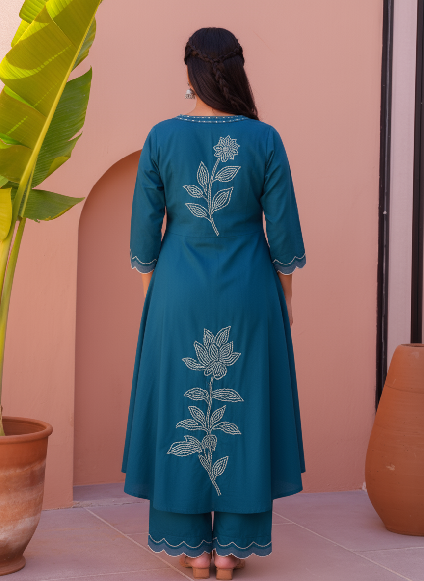 Embroidered Roman silk Placement Print A-line Teal Kurta