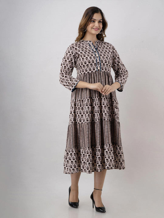 BAESD Floral Printed Mandarin Collar Gathered Tiered Fit & Flare Maxi Ethnic Dress