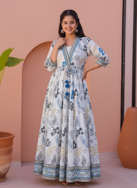 Soft Cotton Foliage Anarkali White Dress