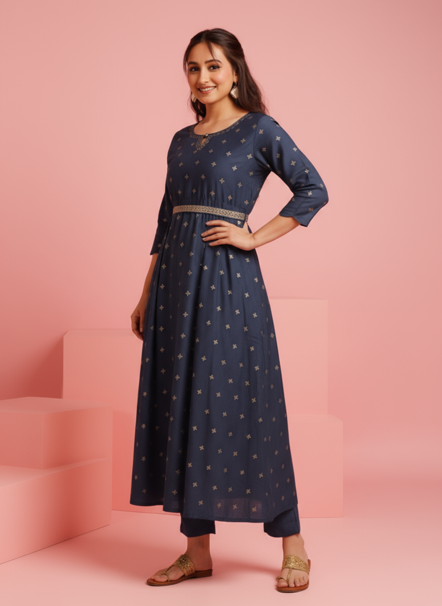 Embroidered Muslin Gold foil Anarkali Blue Dress