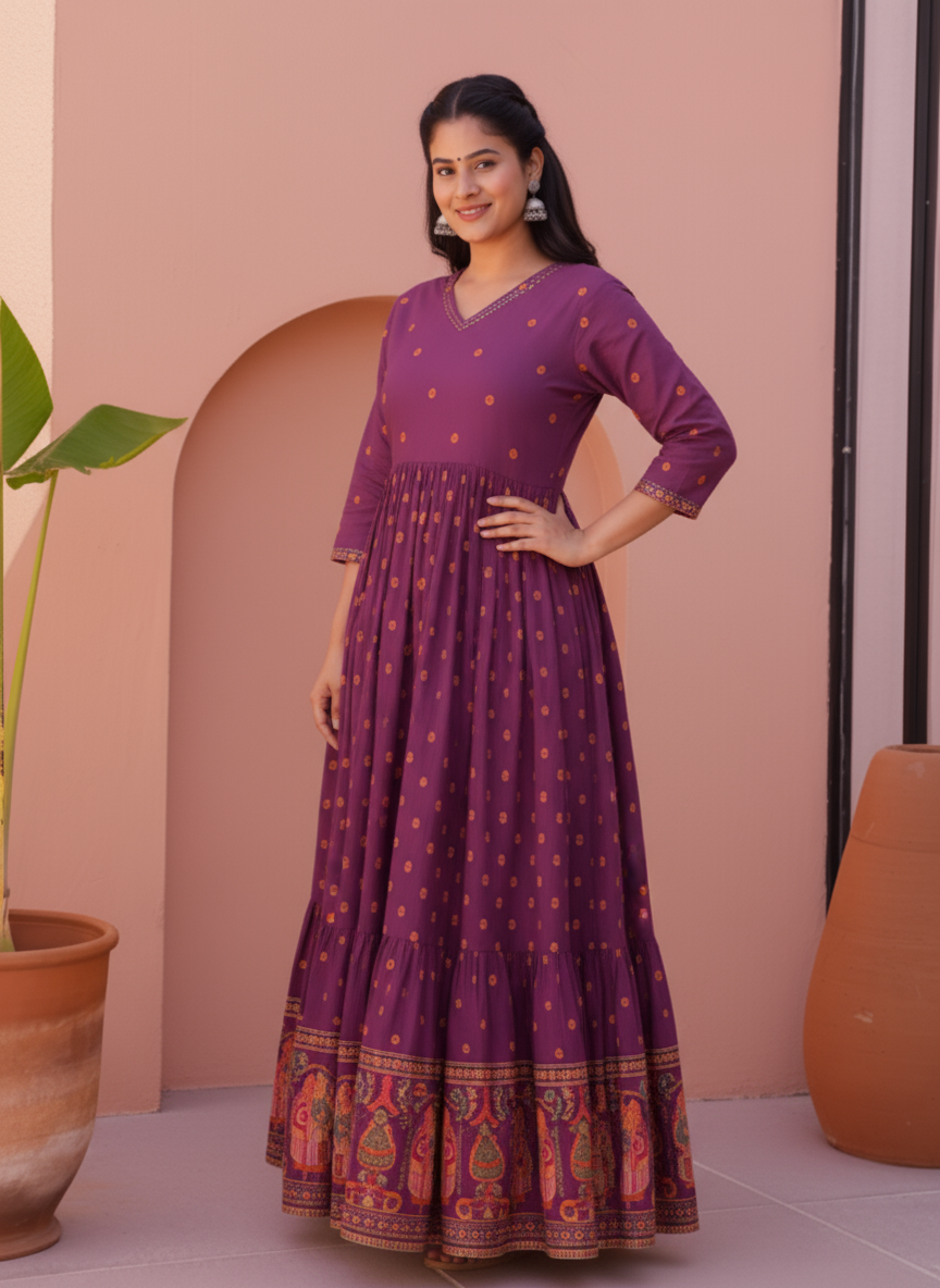 Soft Cotton Placement Print Anarkali Purple Dress