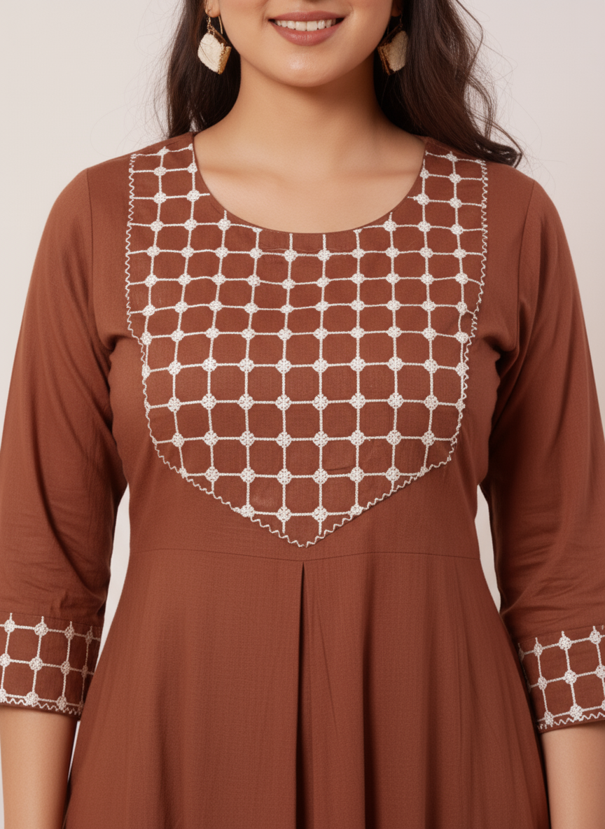 Embroidered Soft Cotton Solid Anarkali Rust Kurta