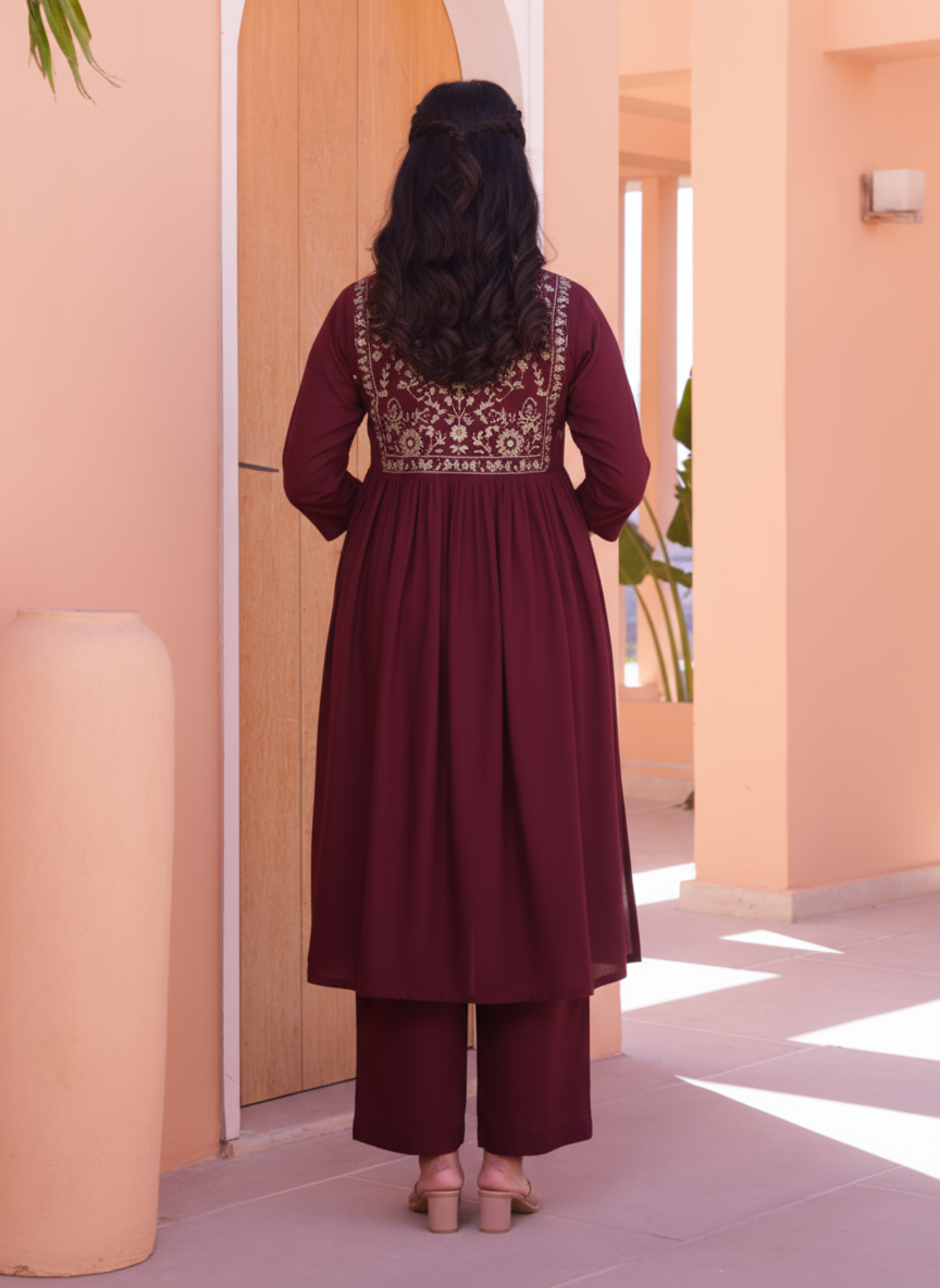 Embroidered Viscose Solid Flared Wine Kurta