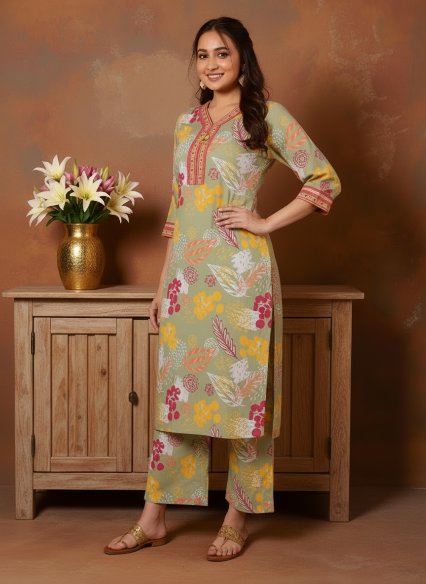 Soft Cotton Foliage Straight Olive Kurta