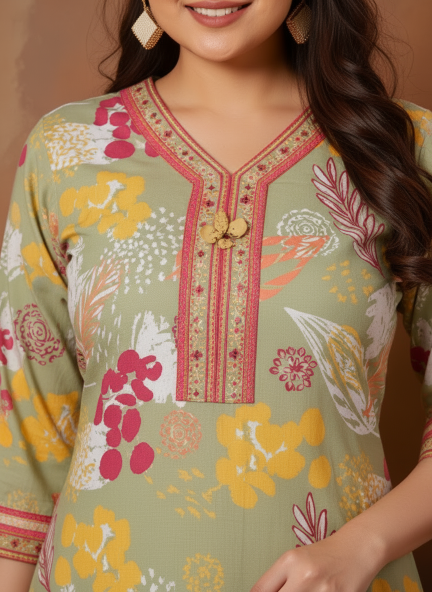 Soft Cotton Foliage Straight Olive Kurta
