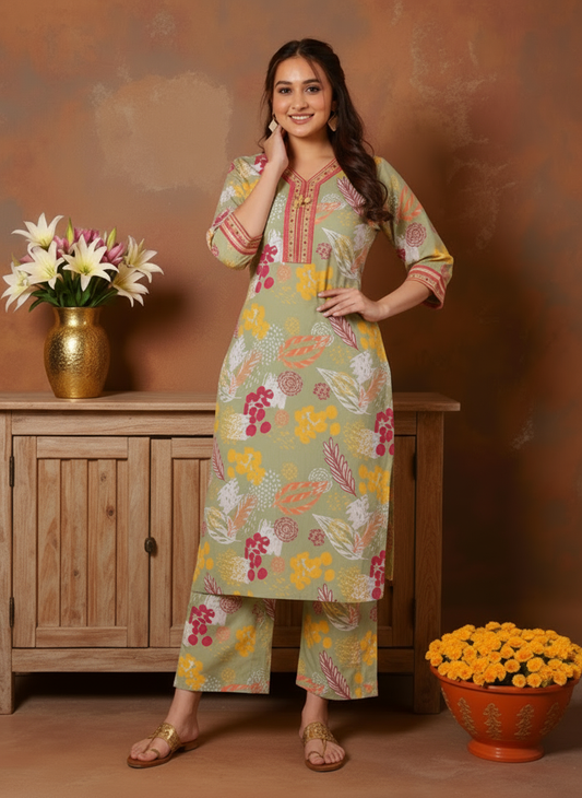Soft Cotton Foliage Straight Olive Kurta