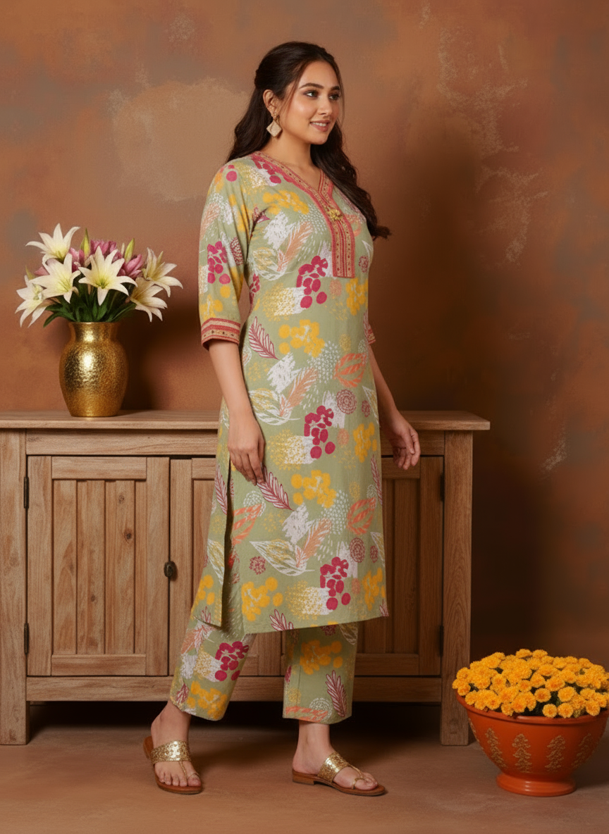 Soft Cotton Foliage Straight Olive Kurta