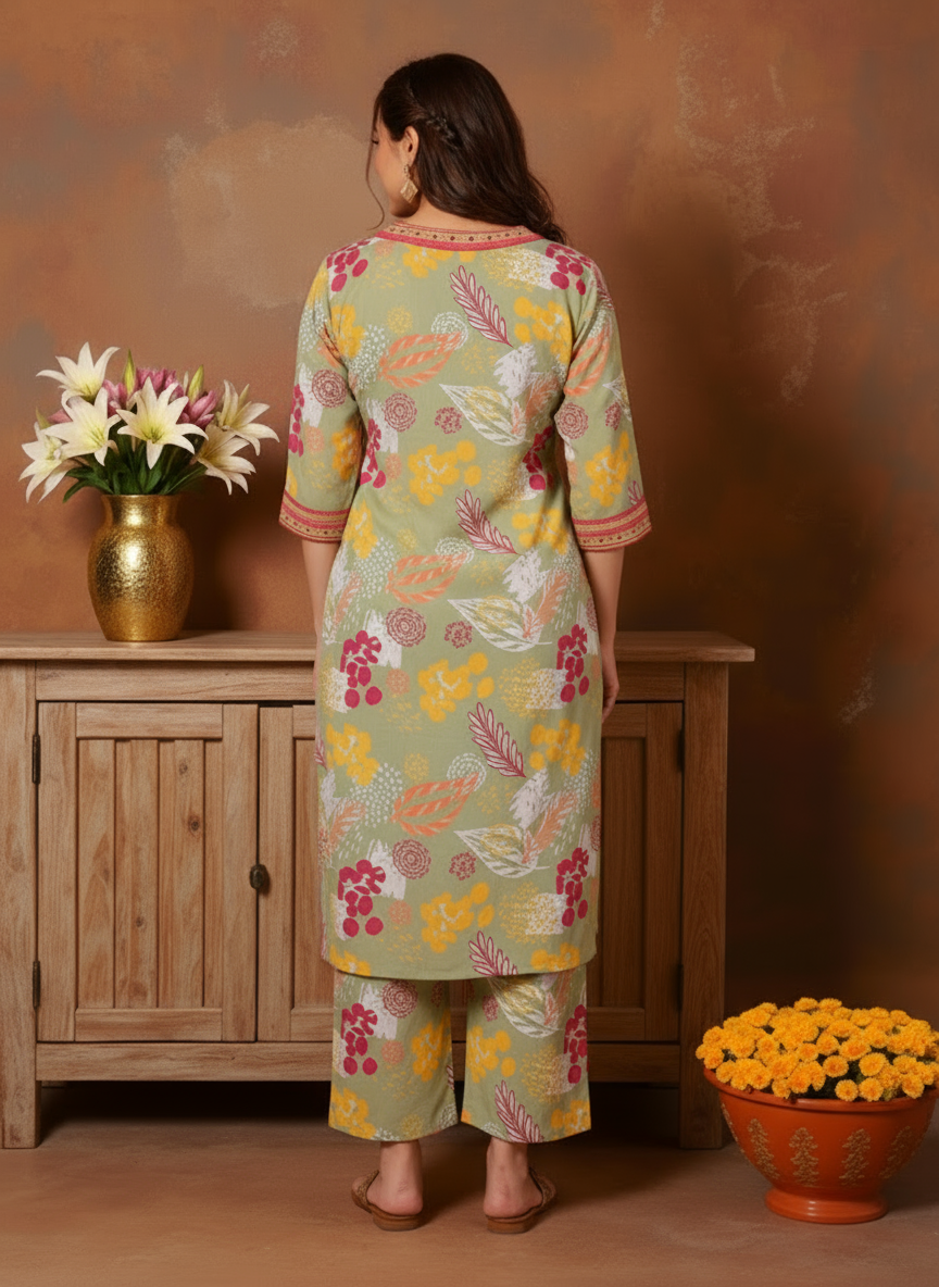 Soft Cotton Foliage Straight Olive Kurta