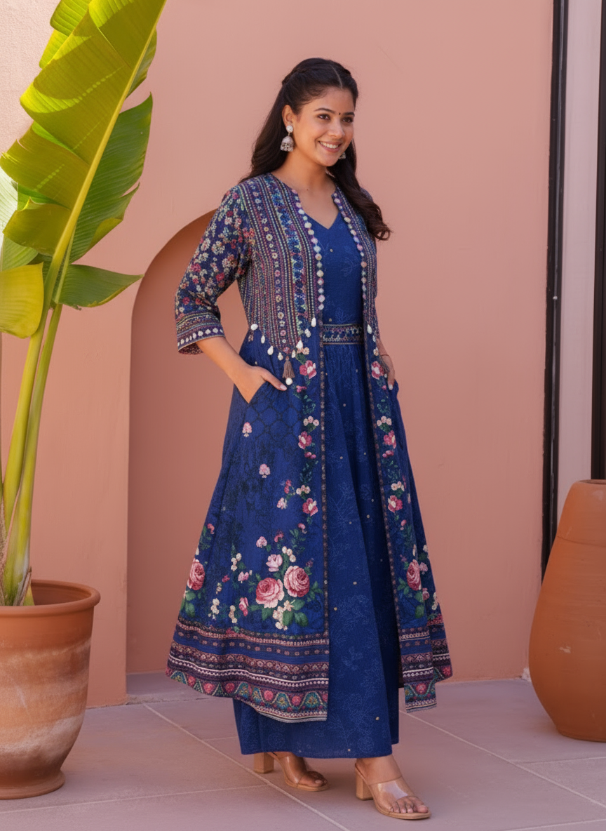 Embroidered Roman silk Flared Kurta