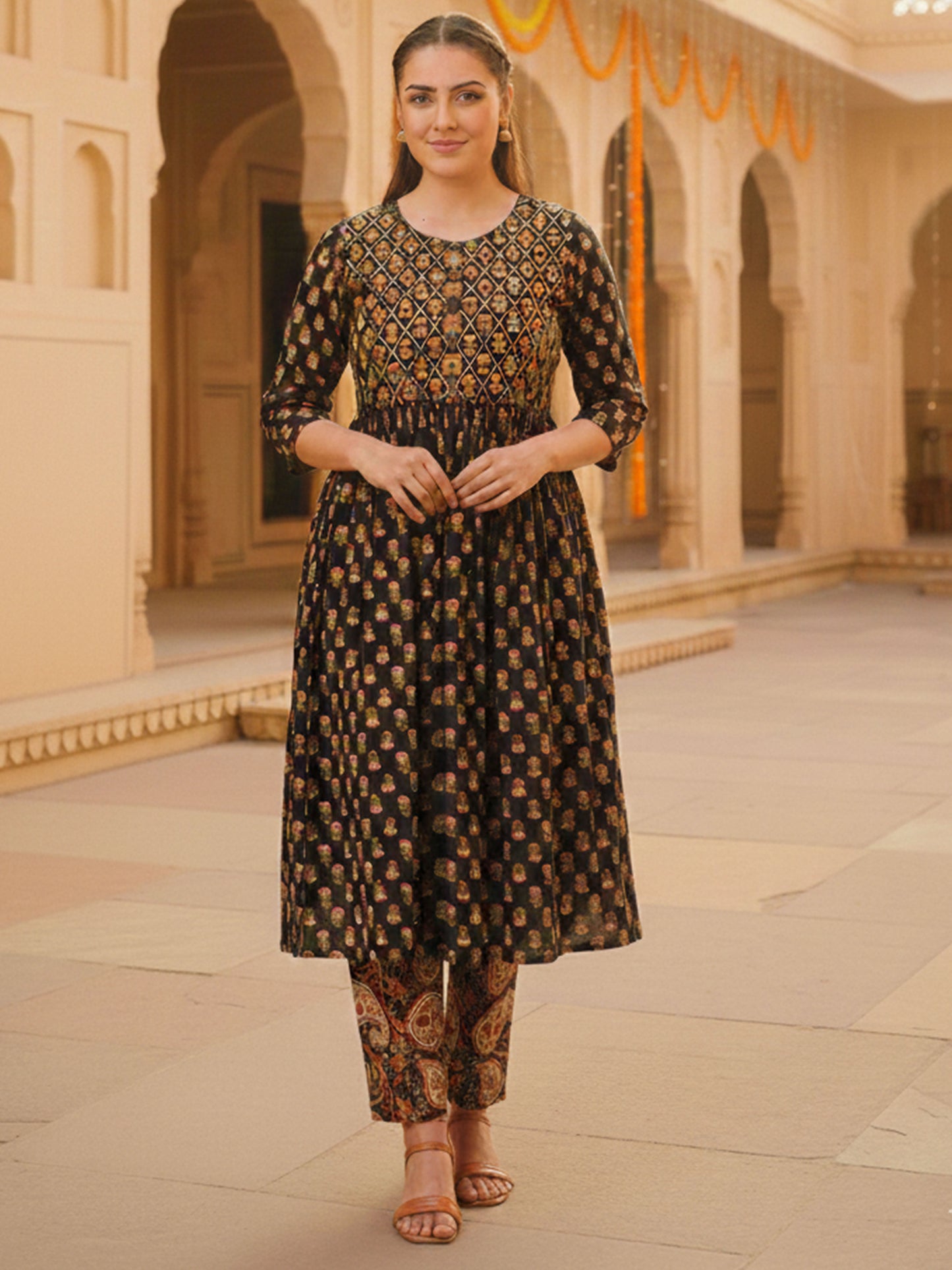 Embroidered Soft Cotton Butti Flared Black Kurta