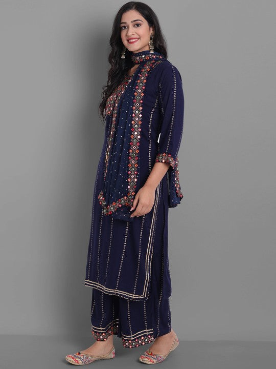 Mirror Work Embellished Kurta with Palazzos & With Dupatta