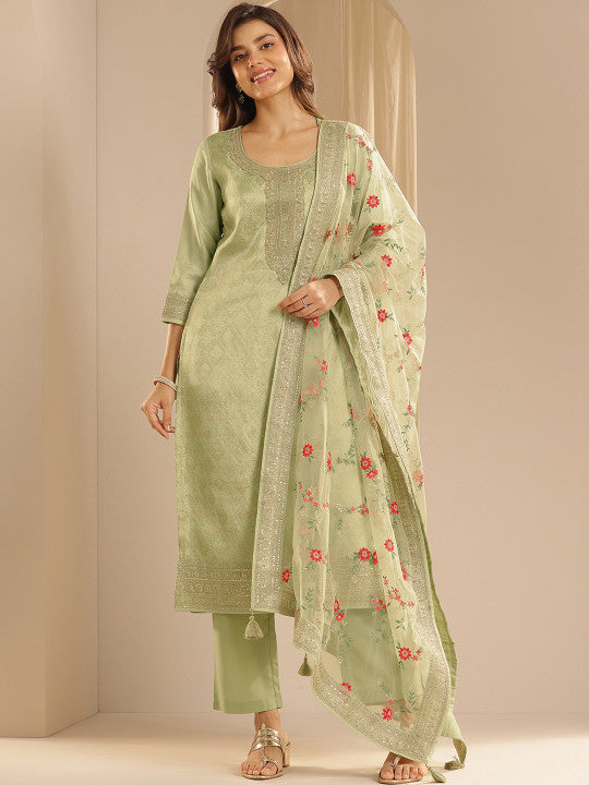 Floral Woven Design Zari Straight Kurta With Trousers And Dupatta