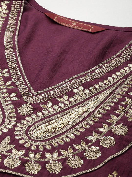 House of Pataudi Jashn Yoke Design Sequinned Zari Work Kurti With Sharara & Dupatta