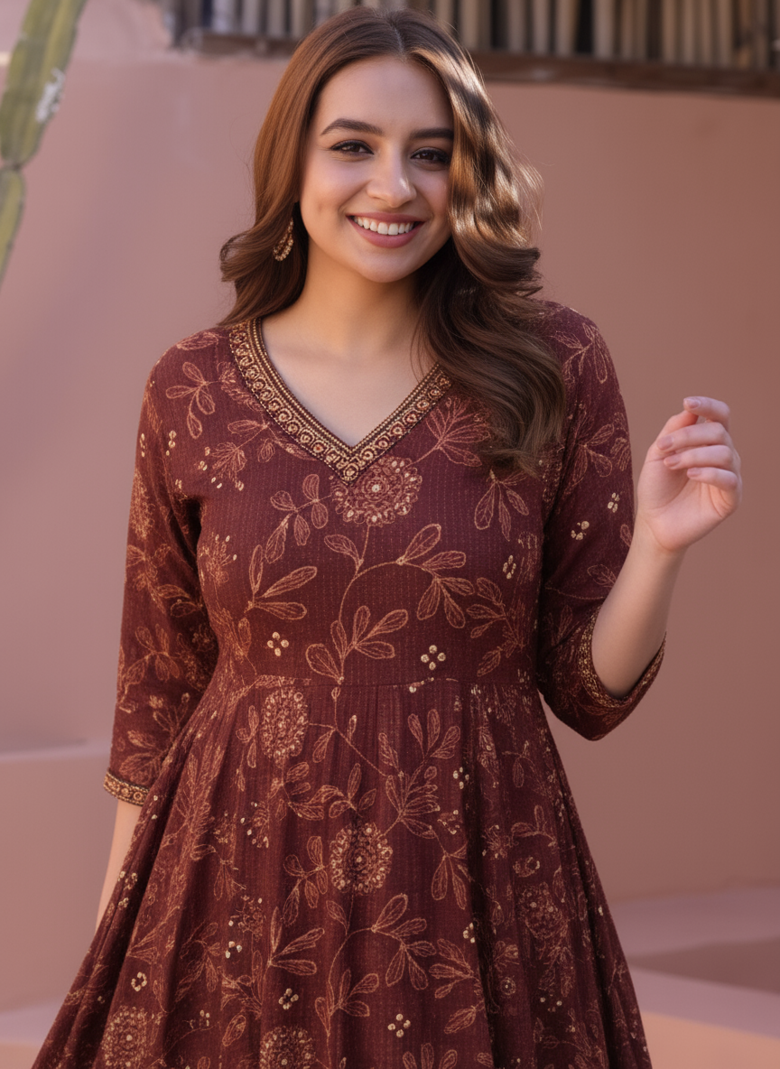 Soft Cotton Ikat Anarkali Maroon Dress