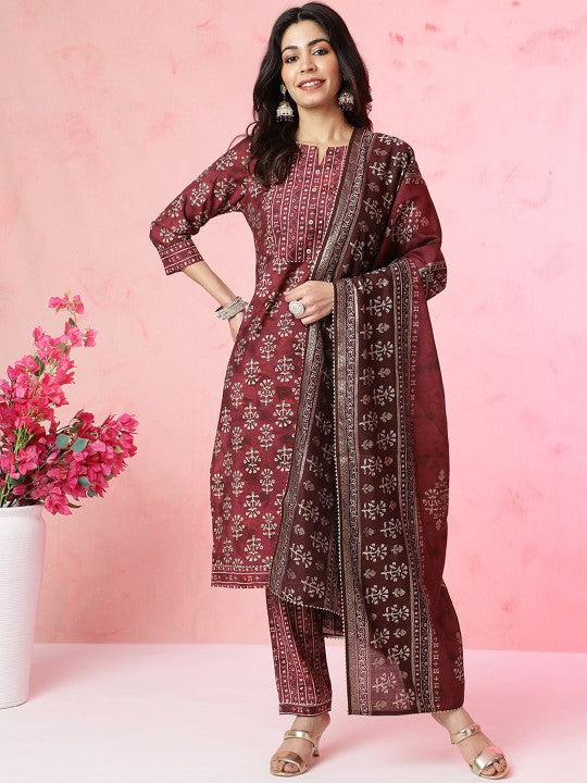 Anouk Ethnic Motifs Printed Chanderi Silk Kurta with Trousers & With Dupatta
