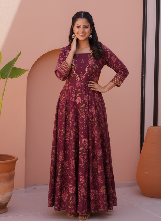 Viscose Floral Anarkali Wine Dress