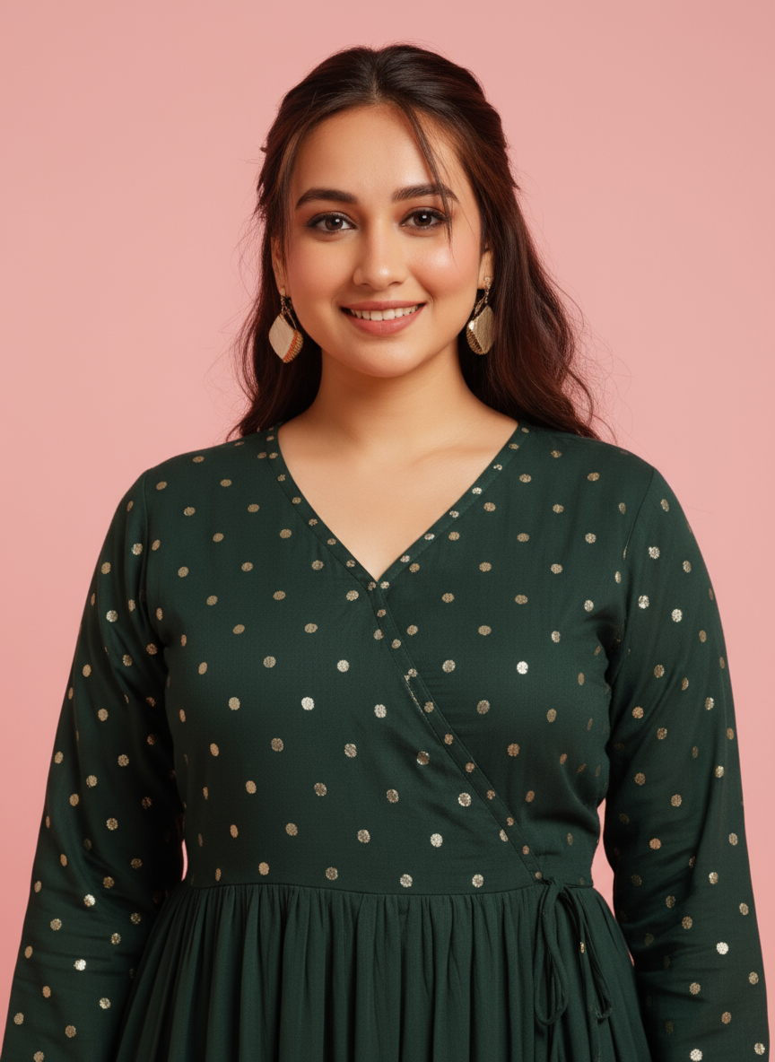 Georgette Solid Angrakha Green Kurta